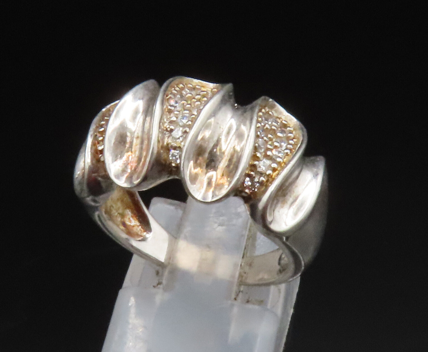 925 Sterling Silver  Vintage Topaz Concave Swirl Pattern Ring Sz 7  RG25228