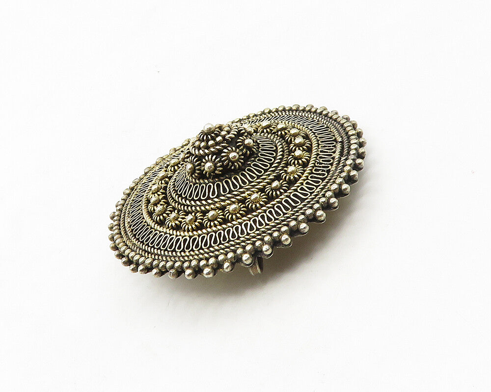 ISRAEL 925 Sterling Silver Vintage Ornate Floral Detail Round Brooch Pin  BP6733