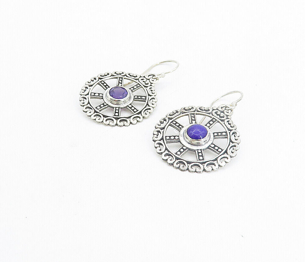 925 Sterling Silver  Amethyst Round Open Design Shiny Dangle Earrings  EG3798