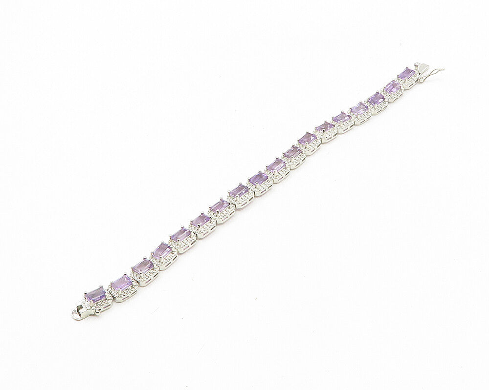 925 Sterling Silver  Prong Set Shiny Amethyst Hinge Chain Bracelet  BT7354