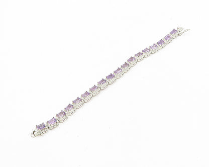 925 Sterling Silver  Prong Set Shiny Amethyst Hinge Chain Bracelet  BT7354