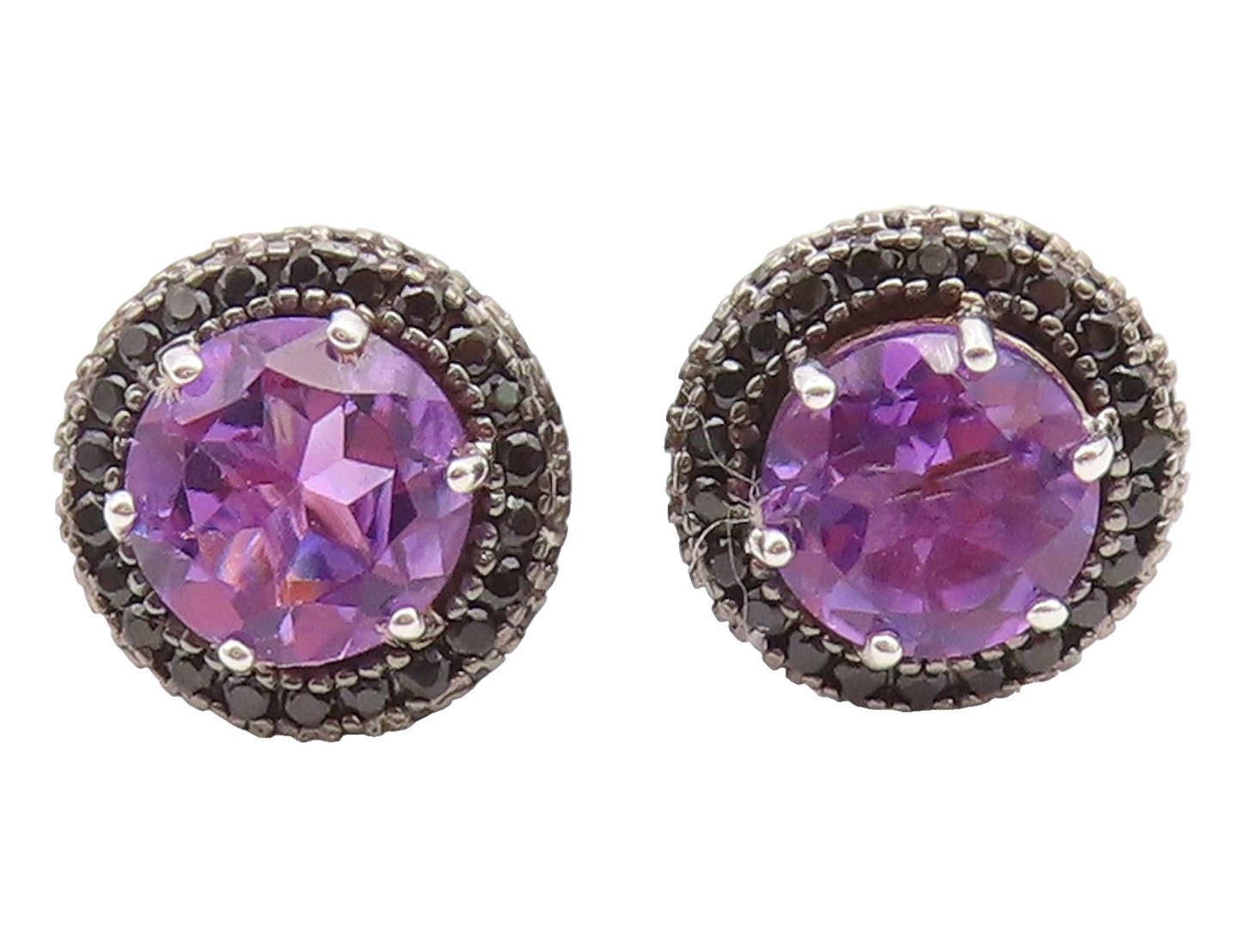 925 Sterling Silver Vintage Earrings Round Amethyst & Halo Spinel Studs  EG14146