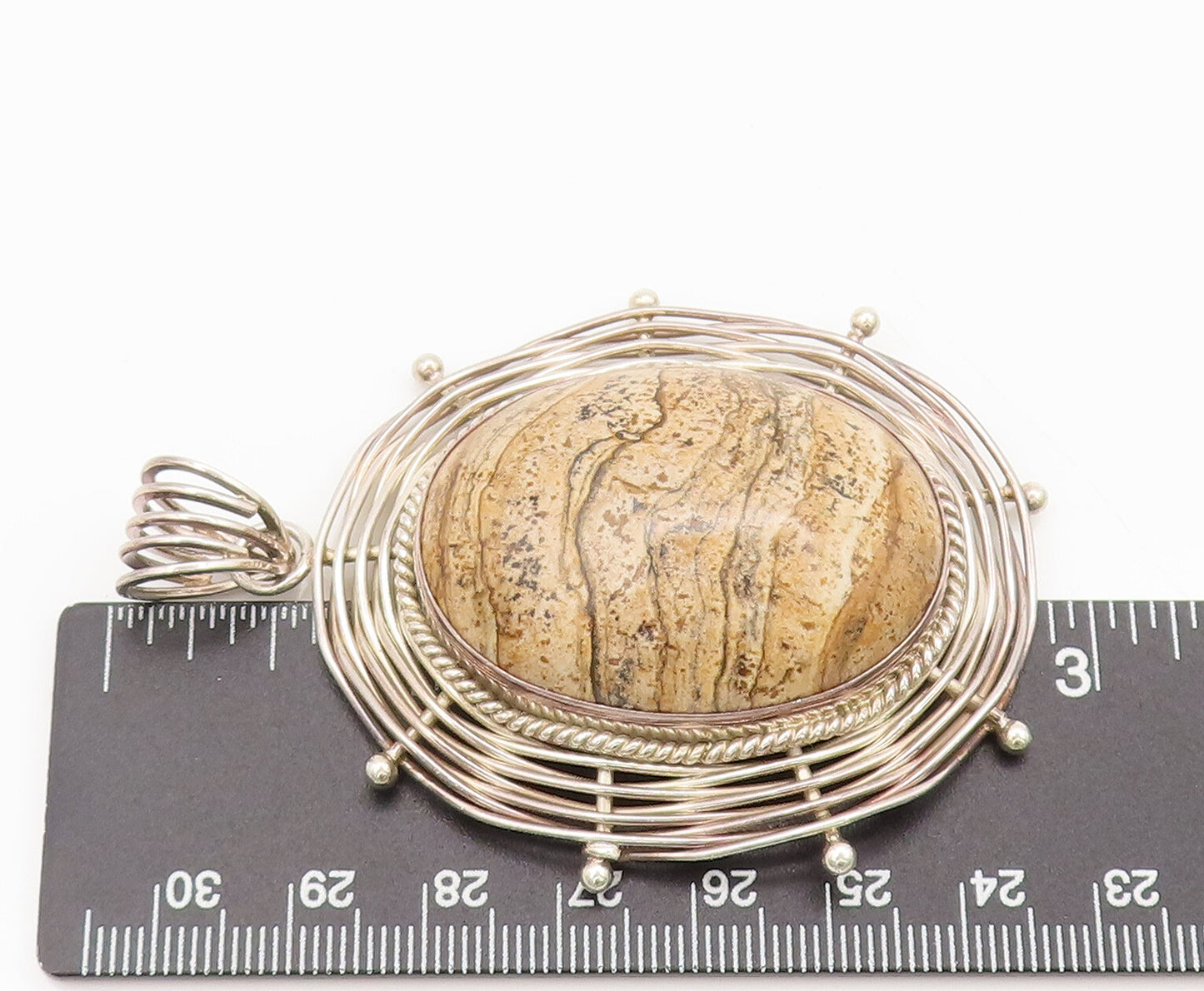 925 Silver  Vintage Bali Large Brown Jasper Halo Spiderweb Pendant  PT22272