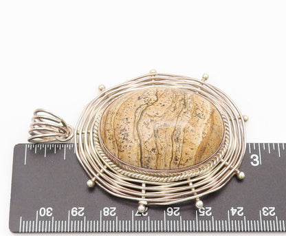 925 Silver  Vintage Bali Large Brown Jasper Halo Spiderweb Pendant  PT22272