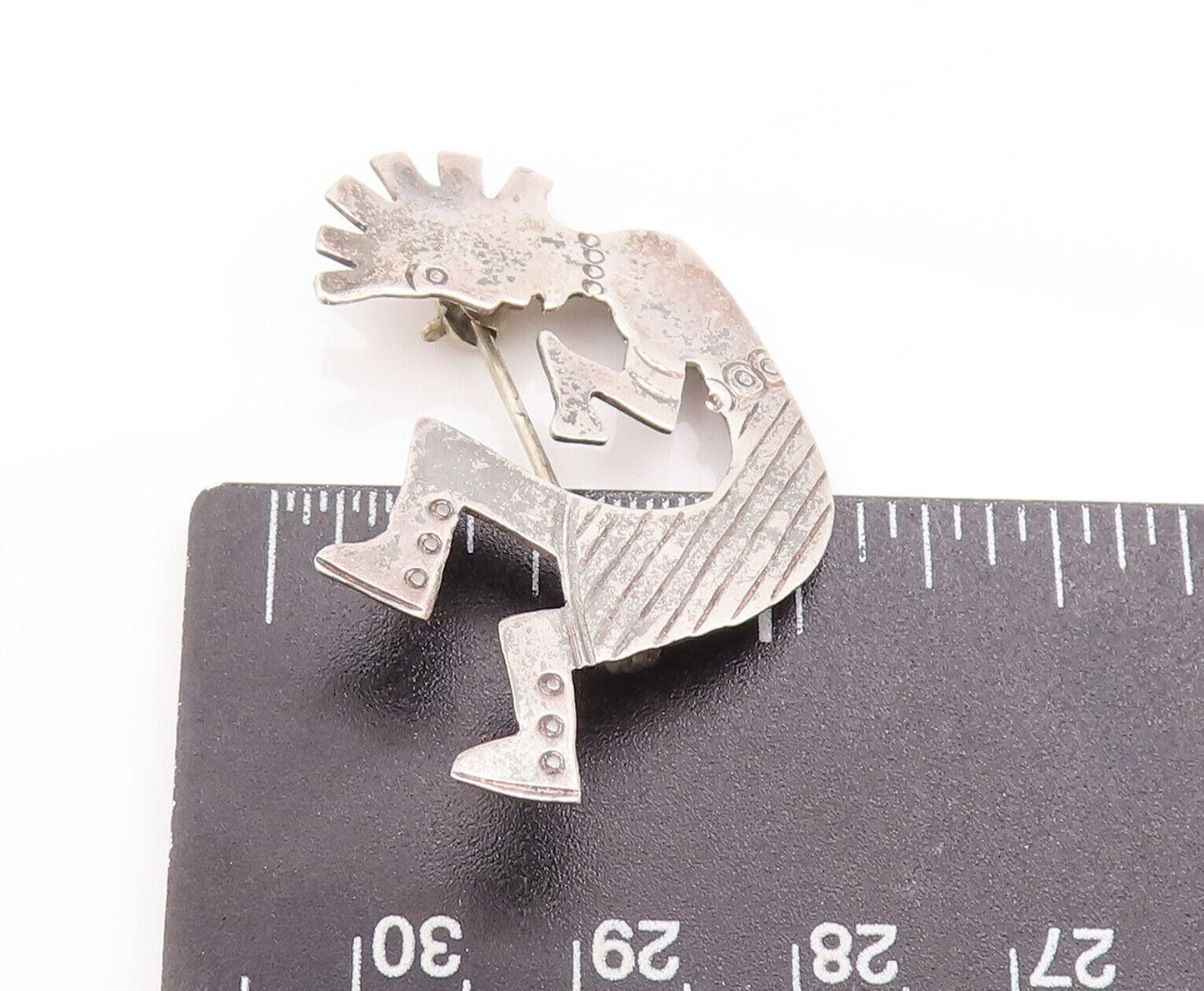 925 Sterling Silver Vintage Brooch Pin NAVAJO Cutout Etched Trible Man  BP10800