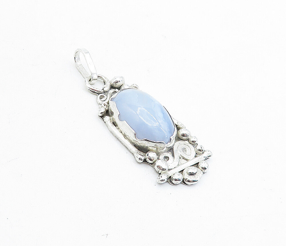 925 Sterling Silver  Vintage Cabochon Cut Blue Agate Sculpted Pendant  PT3453