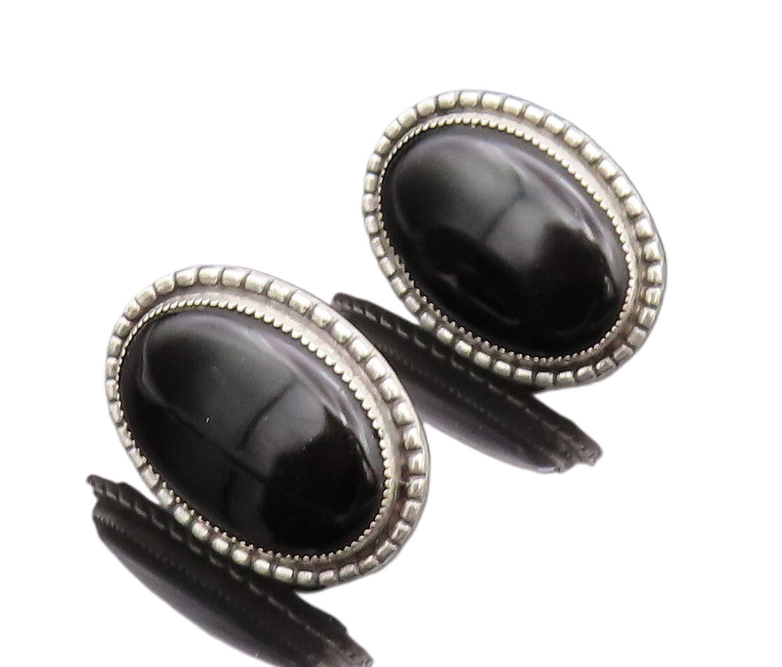 925 Sterling Silver Earrings DANCRAFT Large Carved Oval Cabochon Onyx  EG12831