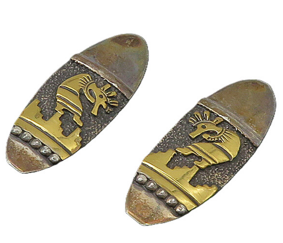 T. SINGER NAVAJO 925 Silver & 14K GOLD  Vintage Non Pierce Earrings  EG11015
