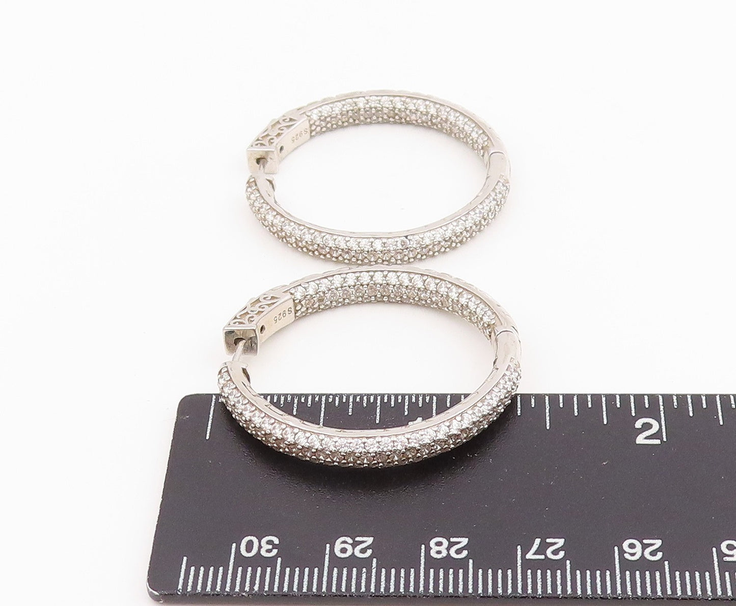 925 Sterling Silver Vintage Earrings Multi Row Sparkling CZ Pave Hoops  EG14070