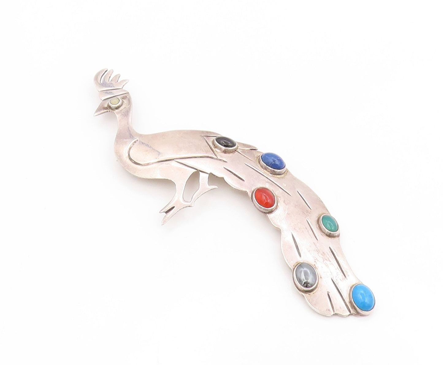 925 Sterling Silver Vintage Brooch Pin MEXICO Multi Gemstone Peacock  BP12262