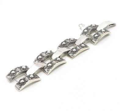 MEXICO 925 Silver  Vintage Oxidized Floral Pattern Chain Bracelet  BT6617