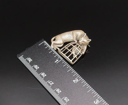 JEZLAINE 925 Silver  Vintage Carved Cat With Bird Cage Brooch Pin  BP9785