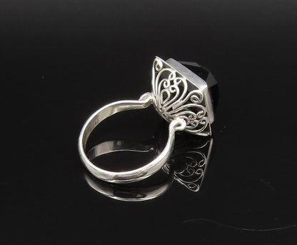 925 Sterling Silver Vintage Openwork Faceted Black Onyx Ring Sz 8  RG26004
