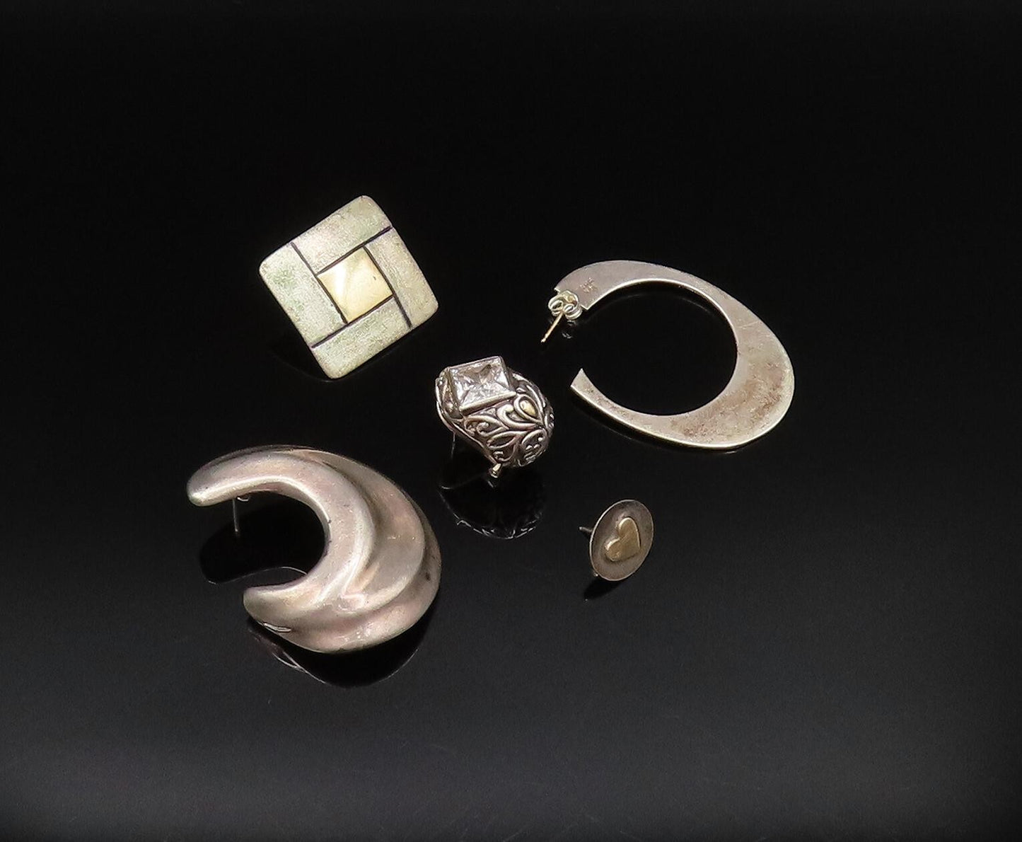 14K GOLD & 925 Silver  Vintage Two Tone Multi Singles Lot Earrings  EG11988