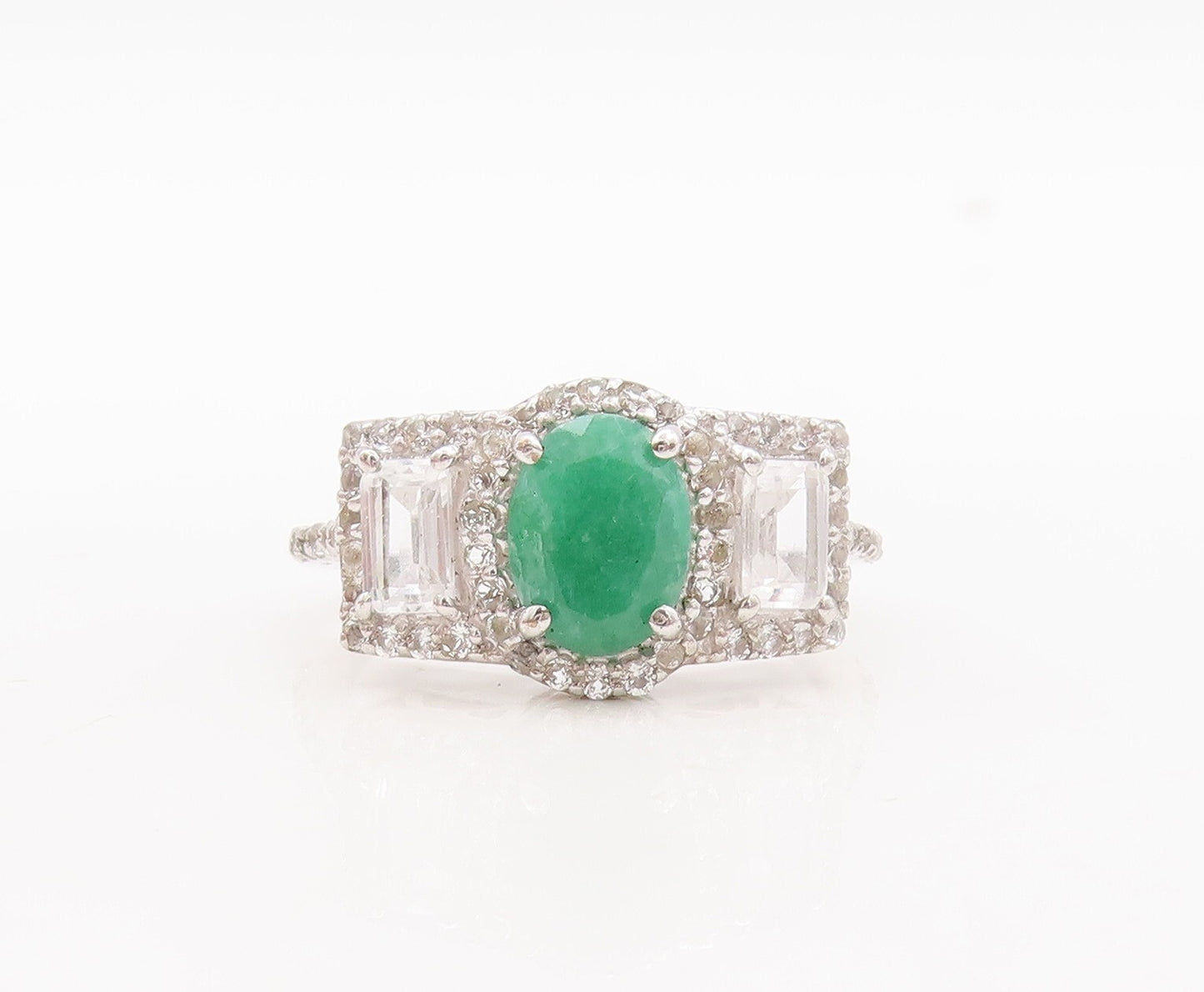 925 Sterling Silver Vintage Ring Modernist Oval Emerald & Topaz  Sz 7.5  RG29752