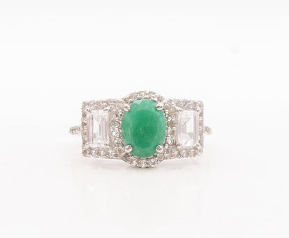 925 Sterling Silver Vintage Ring Modernist Oval Emerald & Topaz  Sz 7.5  RG29752