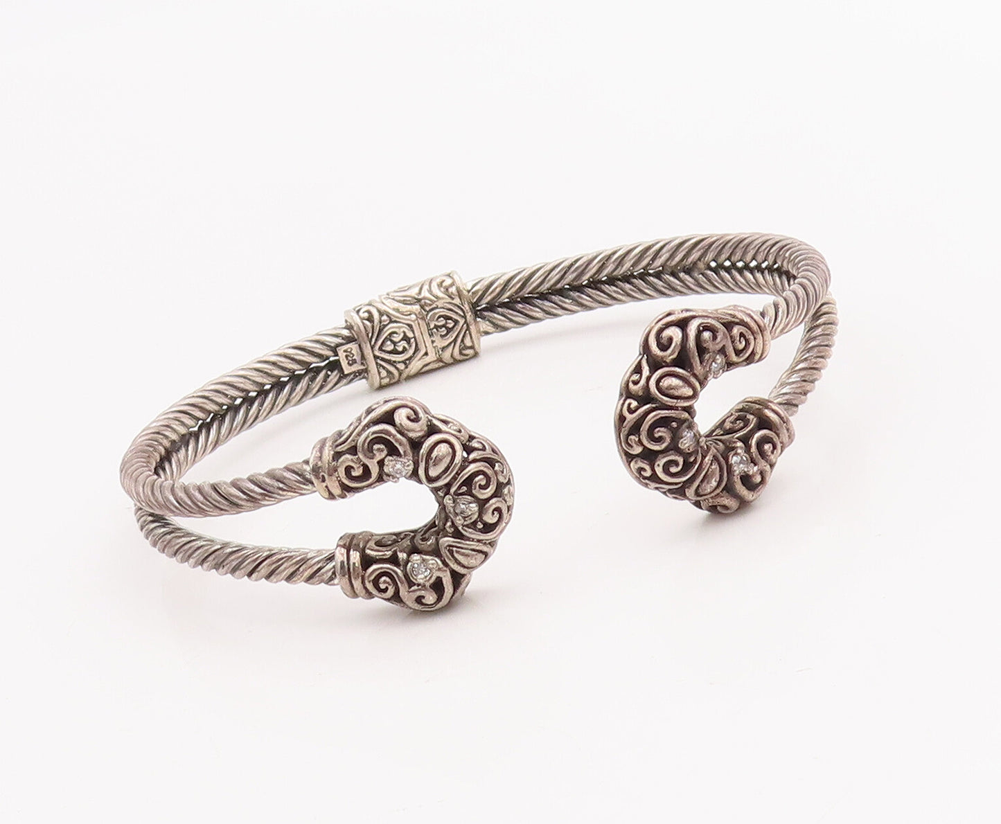 925 Sterling Silver Vintage Bracelet Diamonds Inlay Swirly Carved Cuff  BT10607
