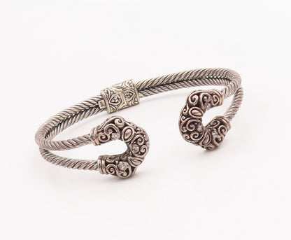 925 Sterling Silver Vintage Bracelet Diamonds Inlay Swirly Carved Cuff  BT10607
