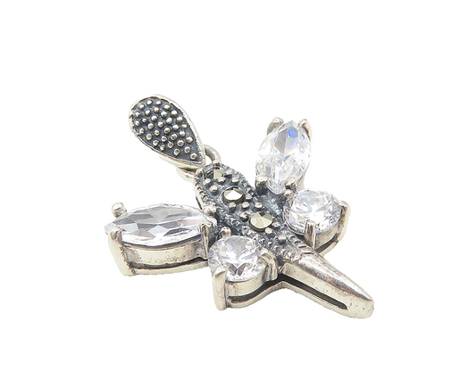 925 Silver  Vintage Cubic Zirconia & Marcasite Dragonfly Motif Pendant  PT9400