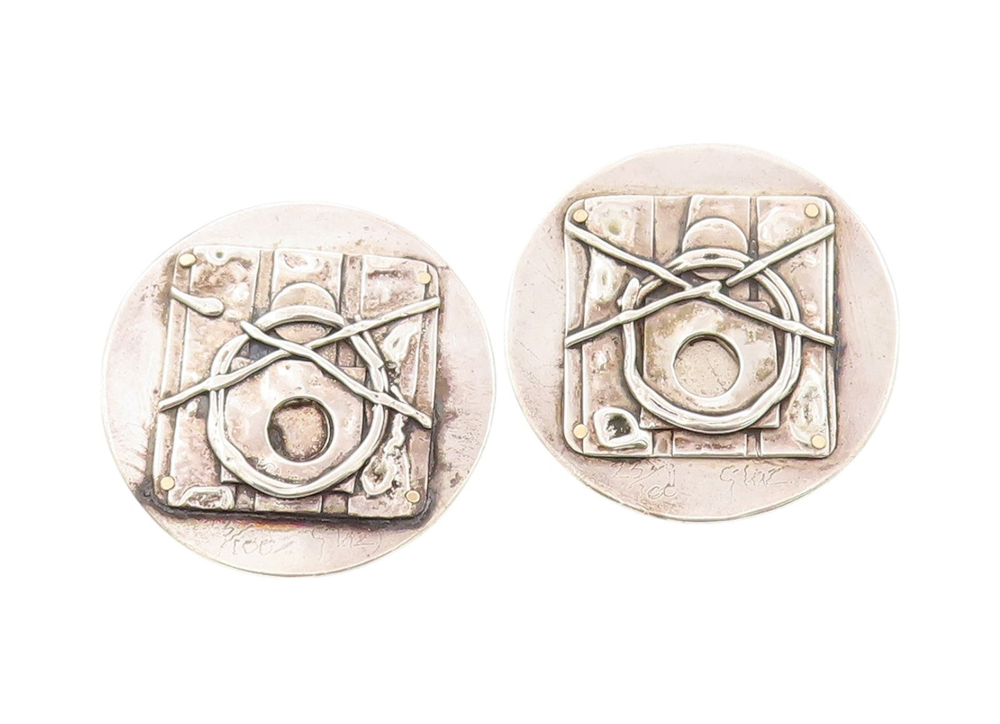 925 Sterling Silver Vintage Earrings Designer Brutalist Carved  EG13509