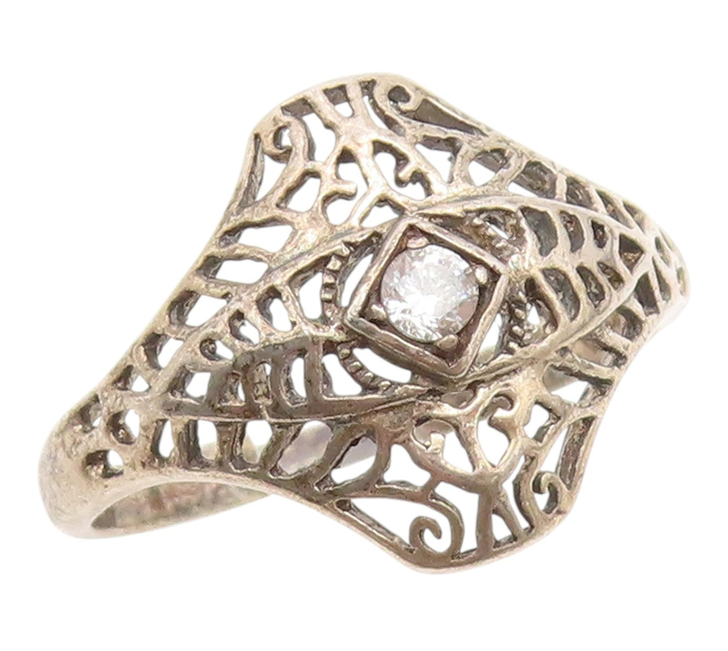 925 Sterling Silver Vintage Ring AVON CZ Intricate Openwork Band  Sz 11  RG35253