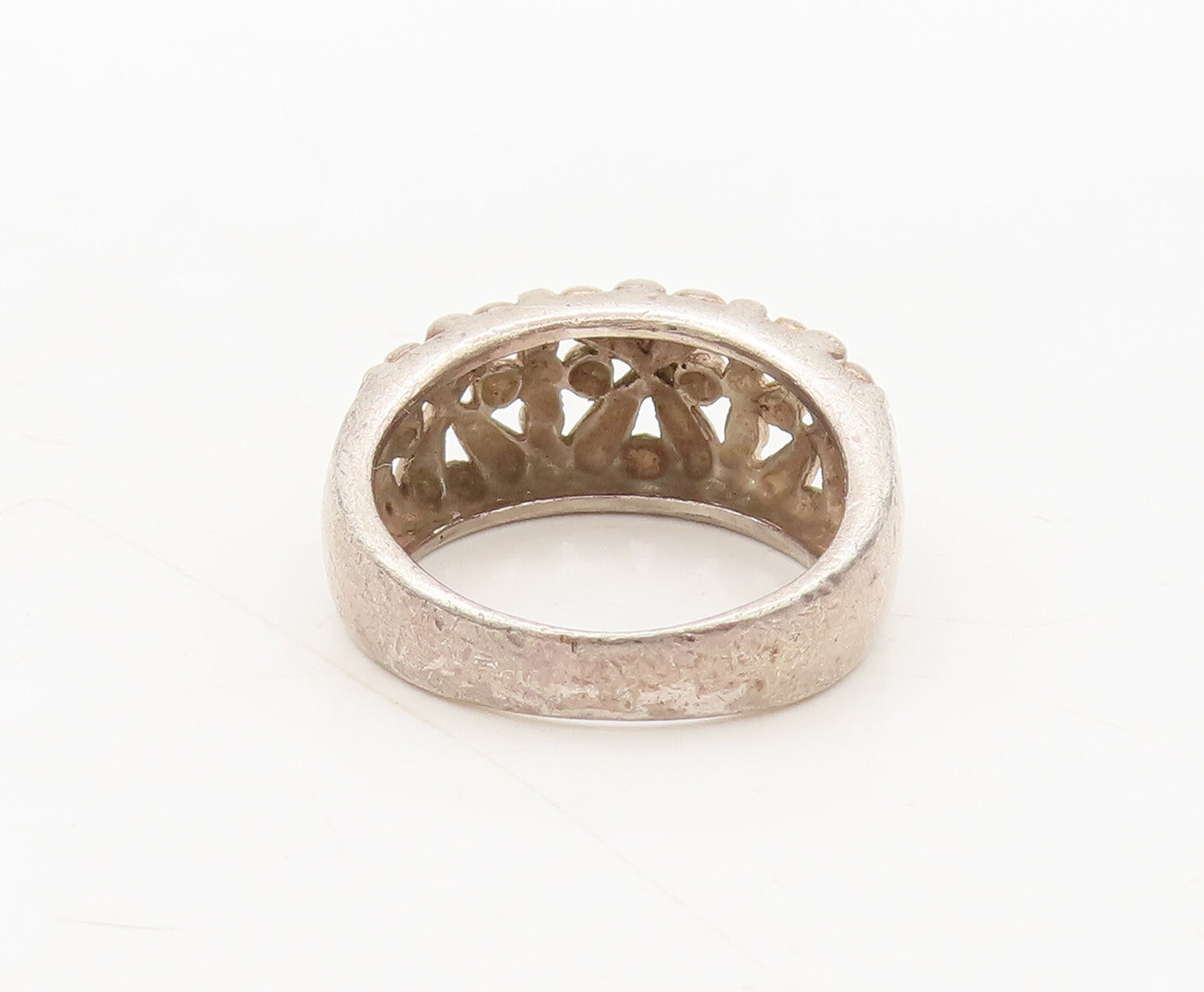 925 Silver Vintage Ring Minimalist Carved Cutout Cross & Beaded Sz 7  RG27564