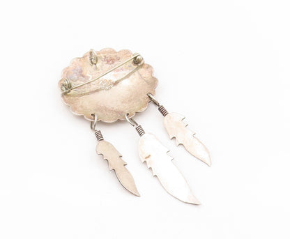 925 Sterling Silver Vintage Brooch Etched Concho Dangling Feather Pin  BP12116