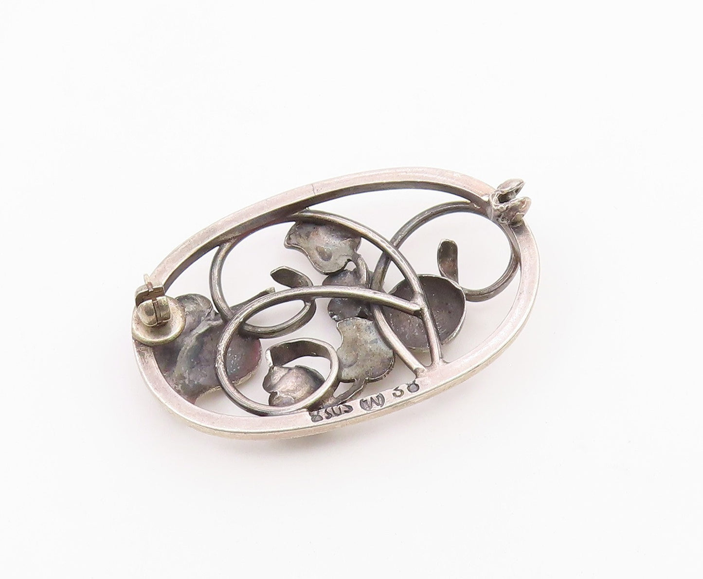 EUROPEAN 925 Sterling Silver Vintage Rose Flower Vine Cutout Brooch Pin BP9666