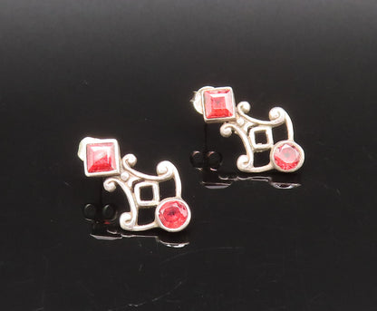 925 Sterling Silver  Vintage Round & Diamond Shaped Red Topaz Earrings EG12280
