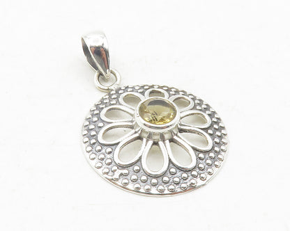 925 Sterling Silver  Shiny Topaz Centered Flower Motif Drop Pendant  PT9680
