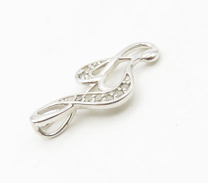 925 Sterling Silver  Genuine Diamonds Shiny Treble Clef Heart Pendant  PT12024