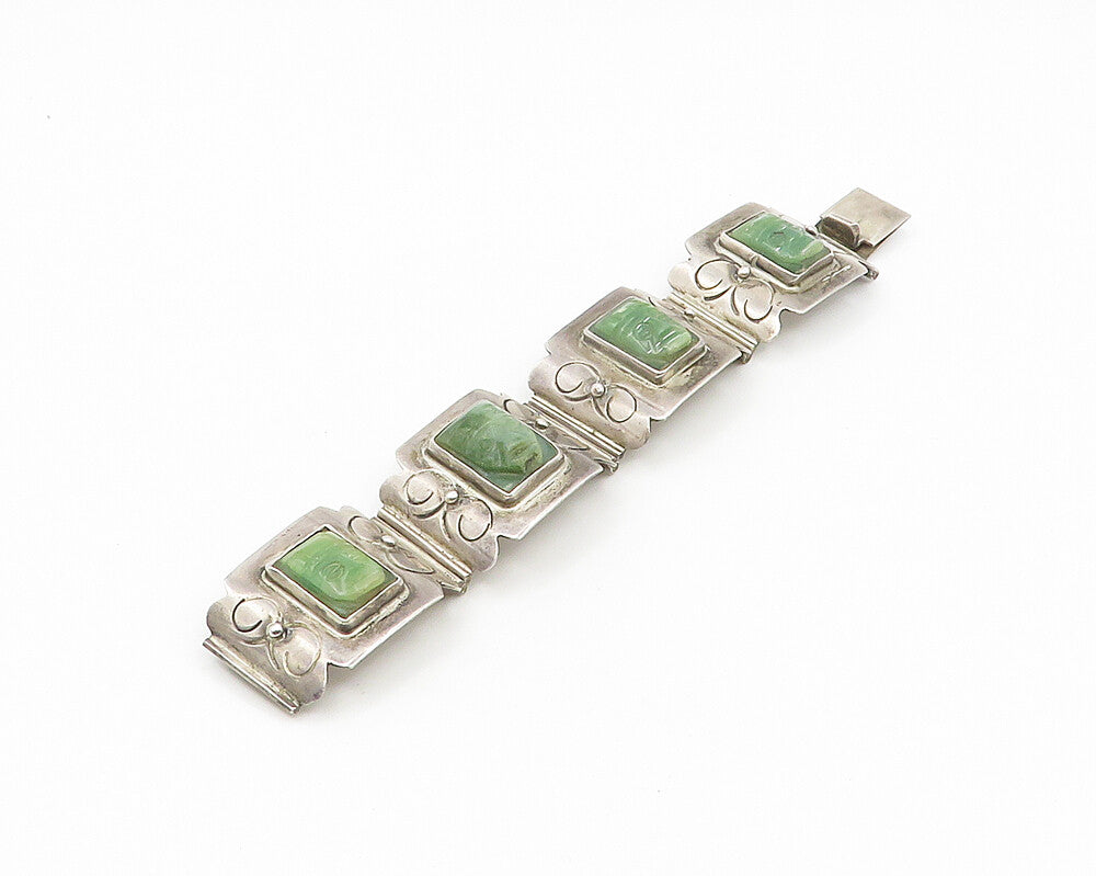 DAMASO GALLEGOS MEXICO 925 Silver  Vintage Jade Warrior Chain Bracelet  BT7607