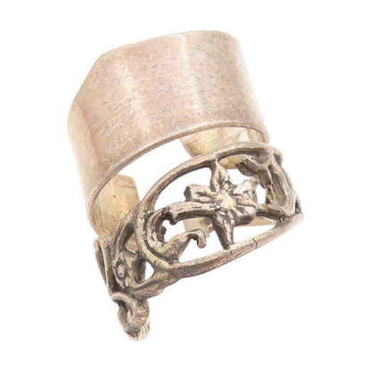 925 Sterling Silver Vintage Ring Openwork Flower Motif Cuff Band  Sz 10  RG33787