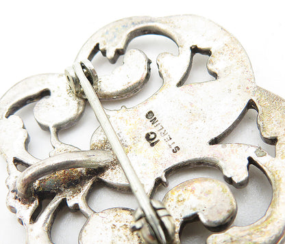 925 Sterling Silver  Vintage Dark Tone Etched Face Swirl Brooch Pin  BP2992
