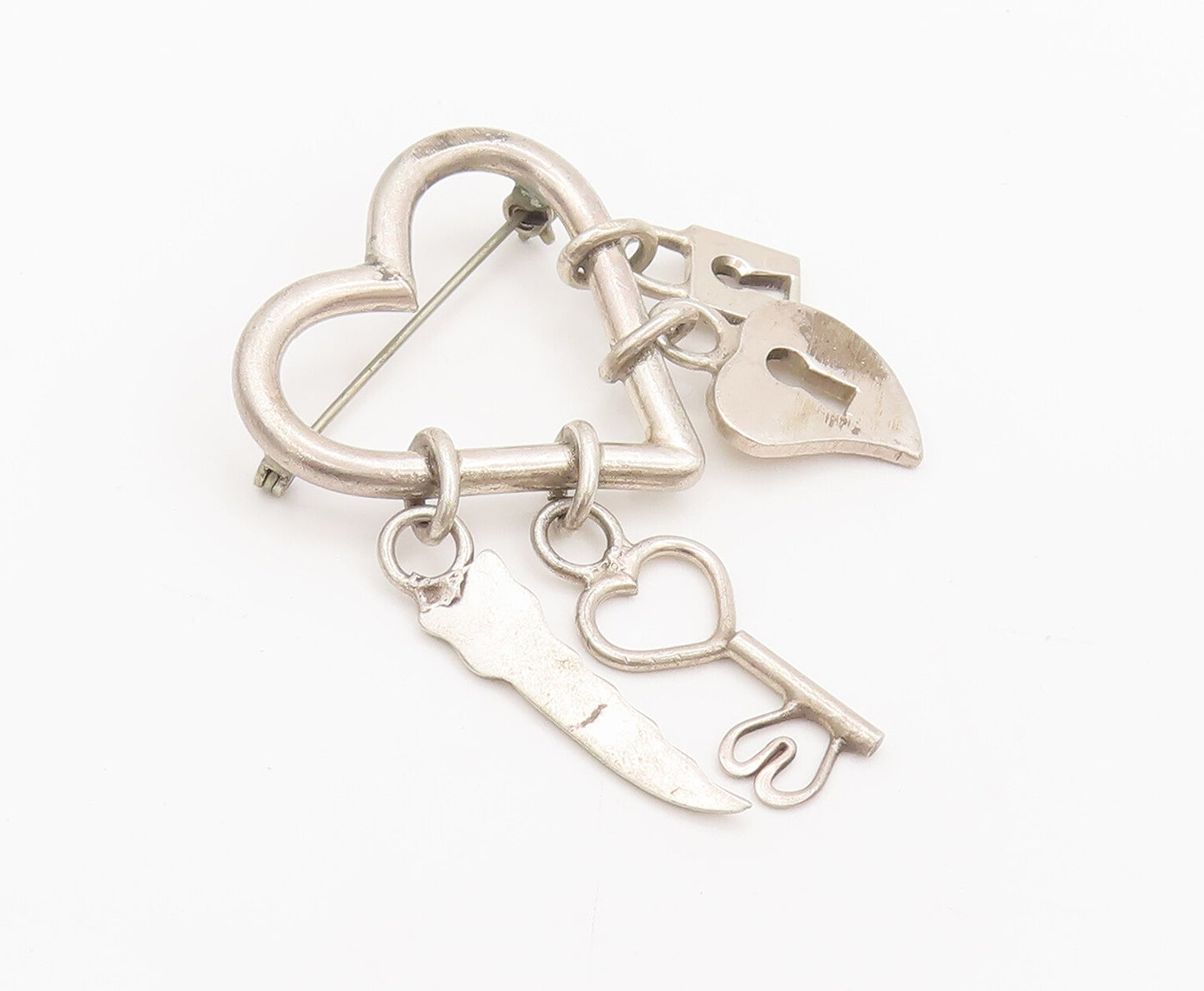925 Sterling Silver  Vintage Love Heart Dangling Charms Brooch Pin  BP10427
