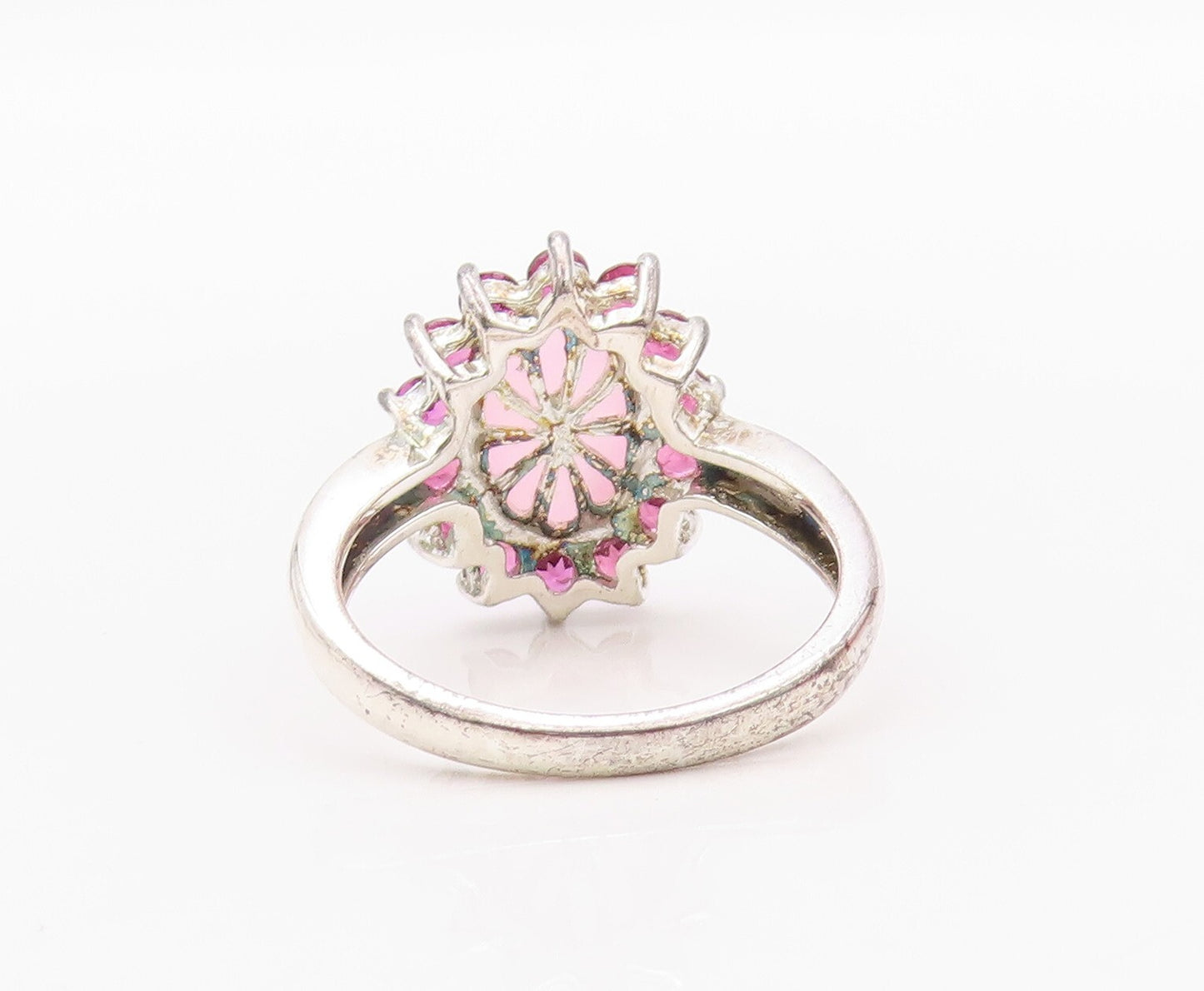 925 Sterling Silver Vintage Ring Cabochon Gemstone Halo Pink CZ  SZ 8  RG32034