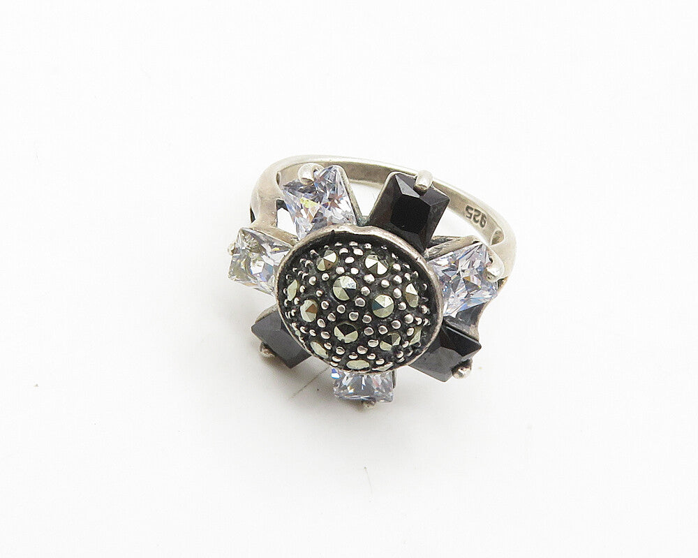 925 Silver  Vintage Cubic Zirconia & Hematite Cocktail Ring Sz 6  RG18027