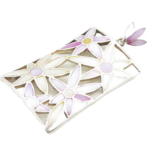 925 Sterling Silver  Vintage Mother Of Pearl Floral Cutout Pendant  PT15398