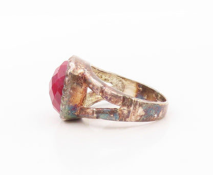 925 Sterling Silver Vintage Ring Split Band Square Red Gemstone  Sz 7  RG30301