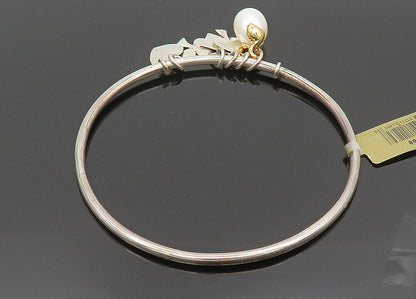 925 Silver & 14K GOLD  Vintage Shiny Pearl & Charms Bangle Bracelet  BT8086