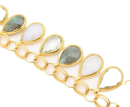925 Sterling Silver Vintage Bracelet Gold Plated Dangling Gemstones  BT10777
