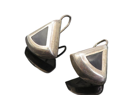 MEXICO 925 Sterling Silver  Vintage Black Onyx Triangle Drop Earrings  EG4033