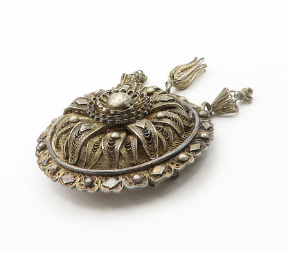 925 Sterling Silver  Vintage Antique Filigree Floral Dome Brooch Pin  BP6008