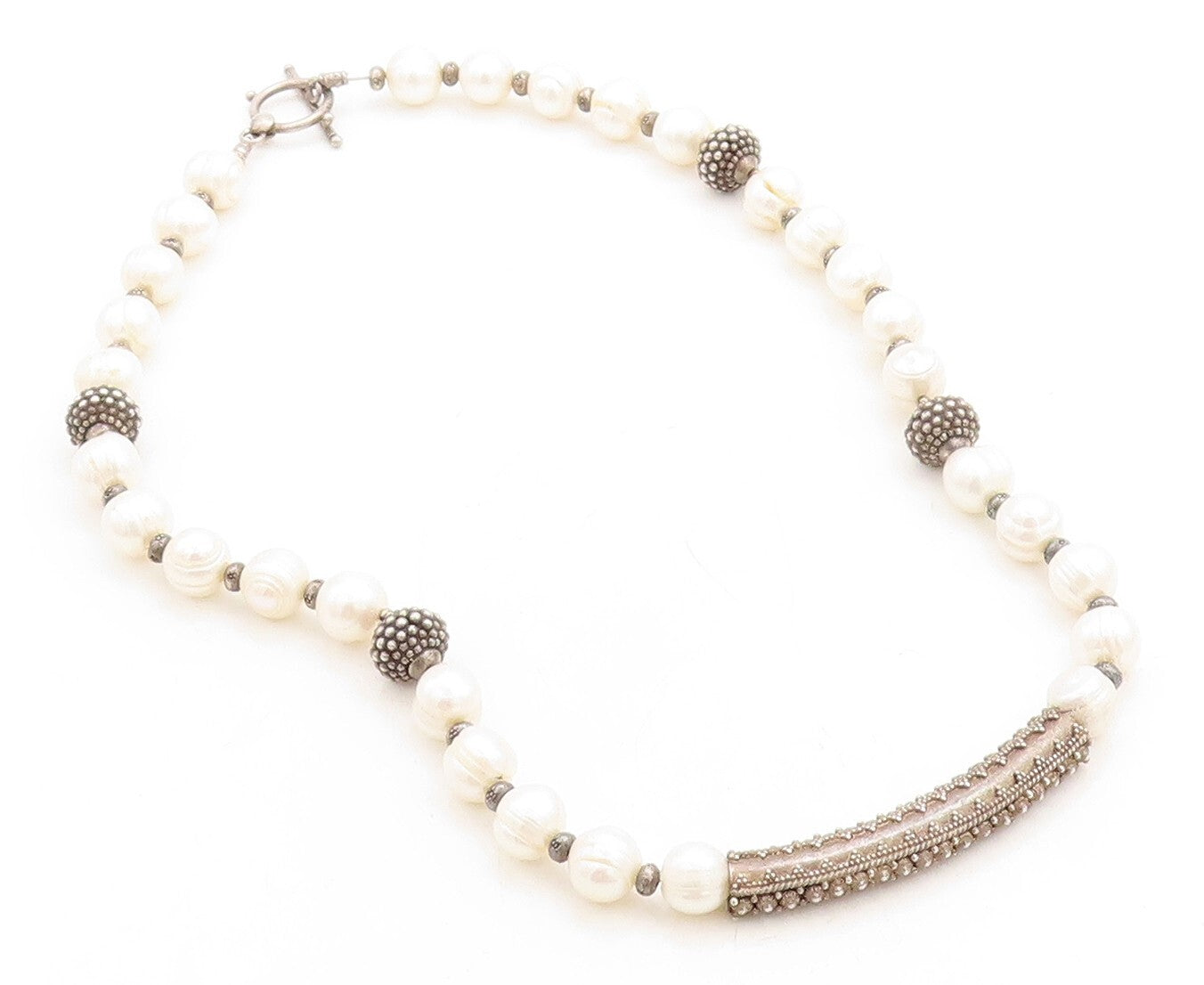 925 Sterling Silver  Vintage Baroque Pearls Beaded Chain Necklace  NE1472