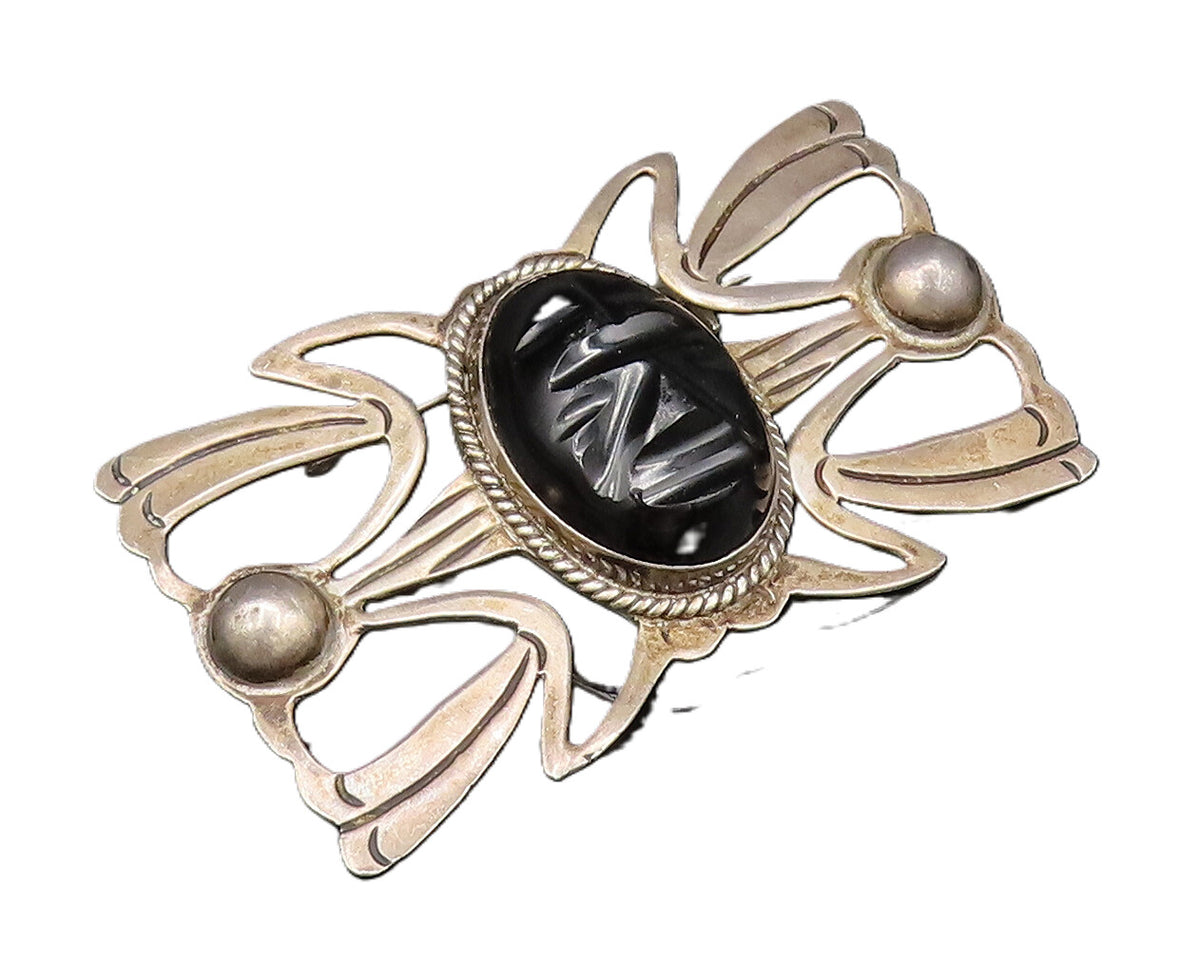 MEXICO 925 Silver  Vintage Carved Face Black Onyx Open Wings Brooch Pin BP9991