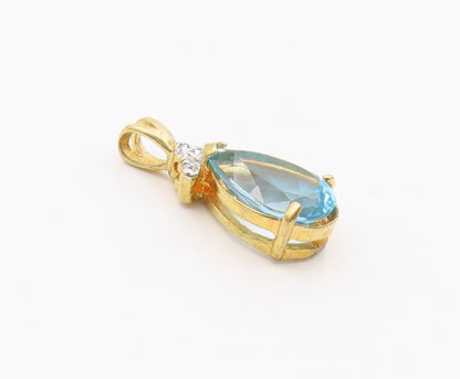 925 Sterling Silver  Vintage Genuine Diamonds Blue Topaz Pendant  PT17537