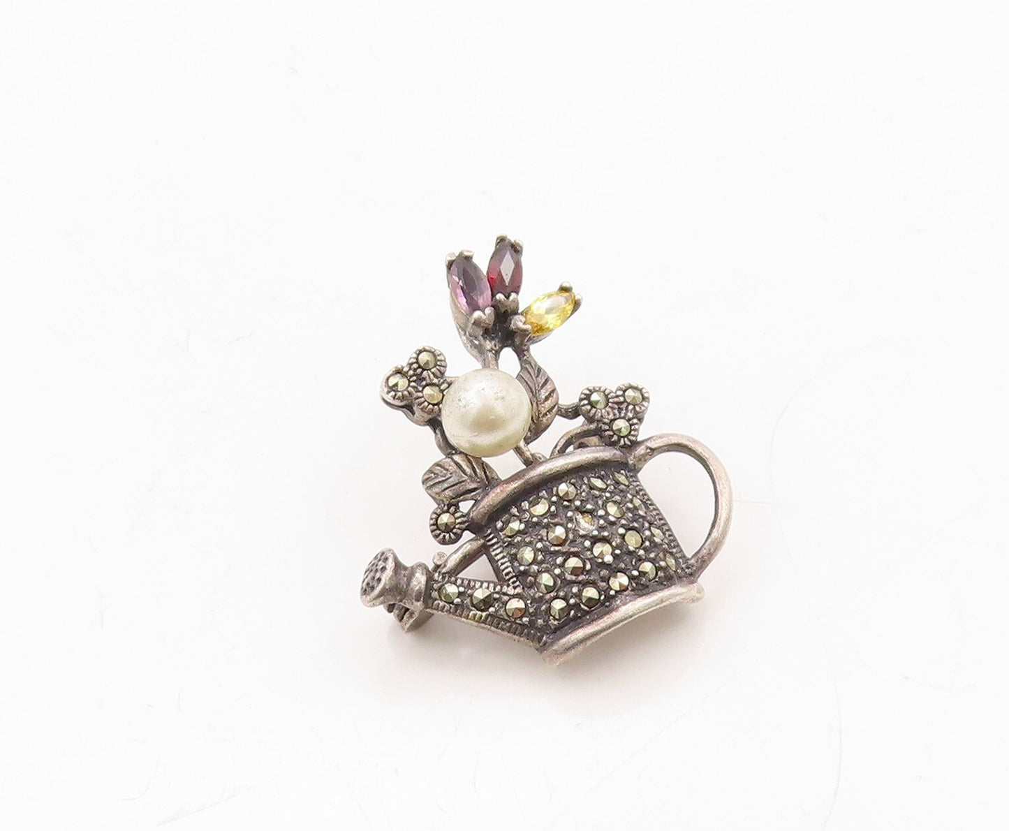 925 Sterling Silver Vintage Brooch Pin Pearl Topaz Flower Watering Jug  BP11274
