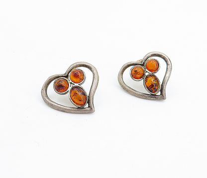 925 Sterling Silver  Vintage Petite Amber Love Heart Drop Earrings  EG2768