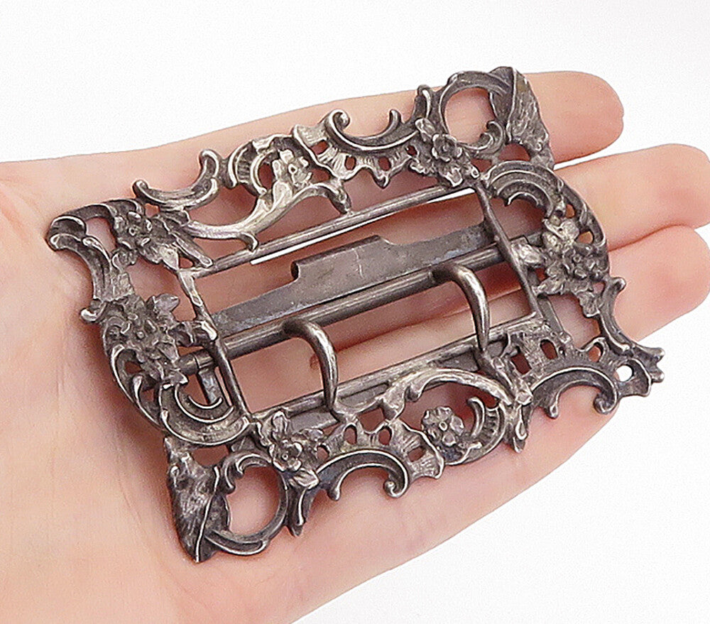 925 Sterling Silver  Vintage Antique Oxidized Floral Vine Belt Buckle  TR1189
