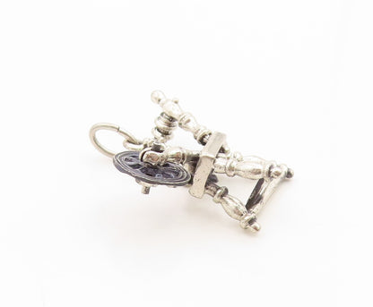 925 Sterling Silver Vintage Pendant Etched Yarn Spinning Machine Charm  PT26152